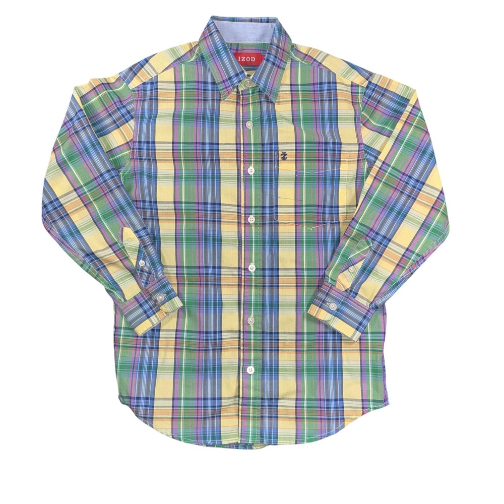 IZOD Shirt Boys Medium 10/12 Multicolor Plaid Button Front Long Sleeve Casual